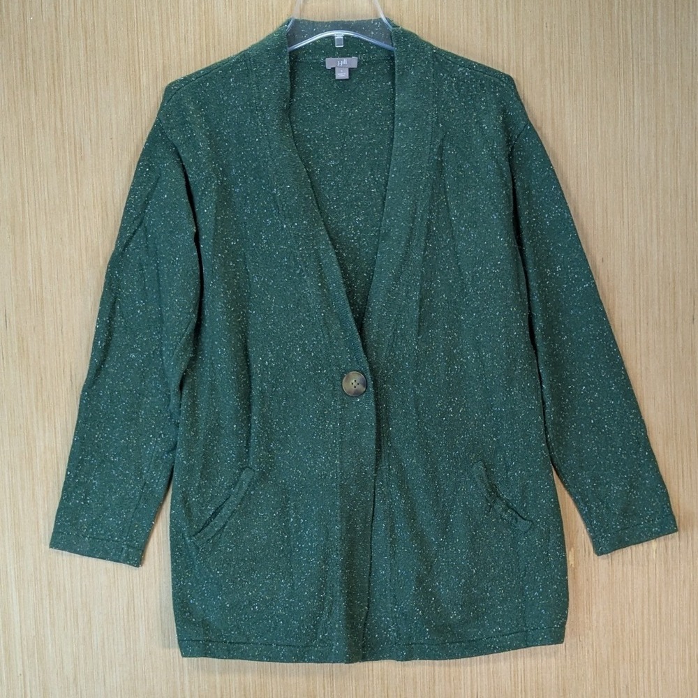 J. Jill Womens Boho Granola Donegal Tweed Cardigan Sweater Size S Green Cotton